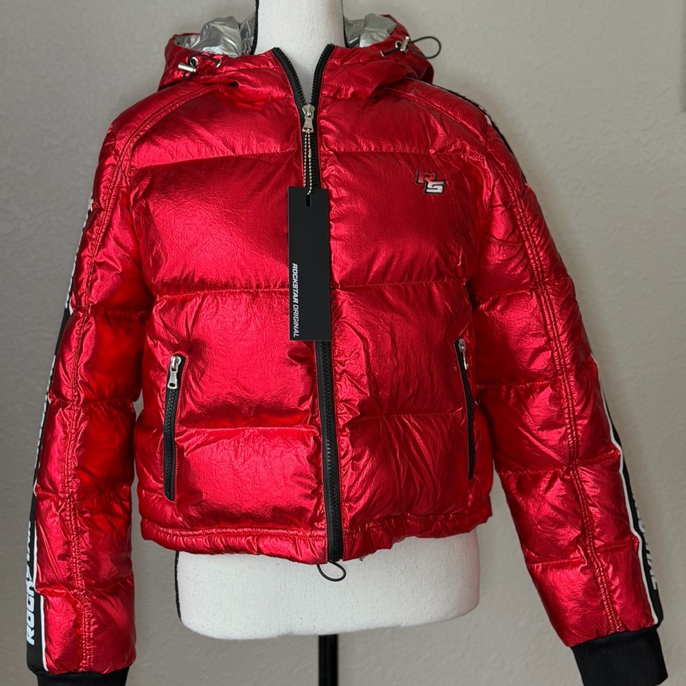 Metallic Red Women's Puffer Jacket - Picture 12 of 12